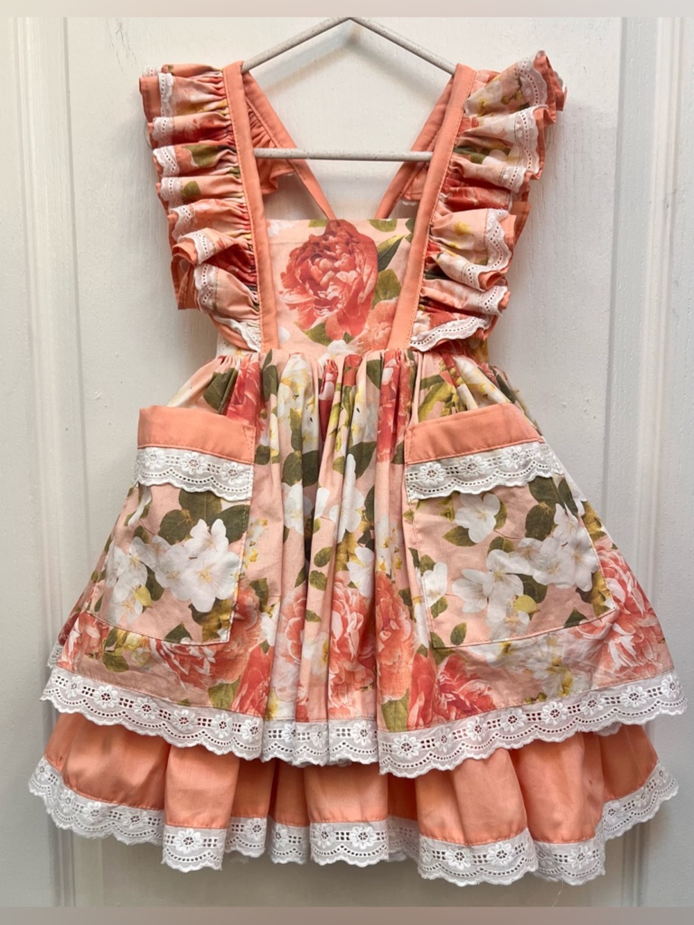 Monika Studio Girls Floral Ruffle Pinafore Dress - Peach/Coral  Floral Size 4 T - Picture 4 of 13